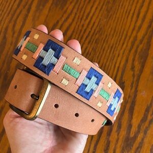 Free People Tan Belt with Blue and Green Embroidery S/M